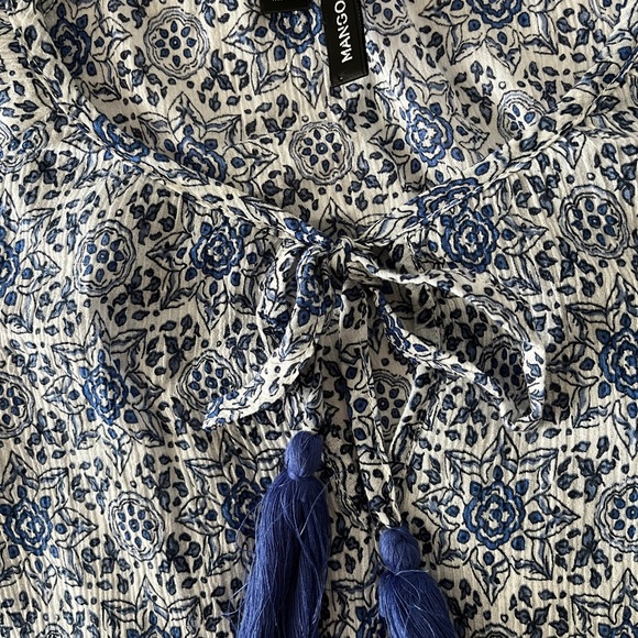Mango Azulejos Blue Tile Print Short Sleeve Summer Top Tie Front Tassels 10 - Picture 3 of 6